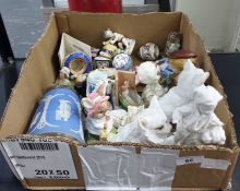 Beatrix Pottery 'Lady Mouse' figure, two porcelain pincushion half-dolls, Wedgwood blue stoneware