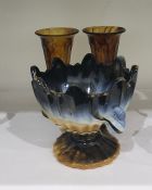 Sowerby-style pedestal bowl in brown and cream malachite-style, the bowl with scalloped rim and pair