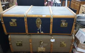 Two canvas and wood-bound school trunks, both with keys (2)