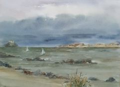 20th century Larkman Watercolour drawing Seascape showing sailing boats and island in the background
