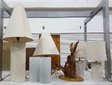 Pair of cream faux-suede covered table lamps, a pa