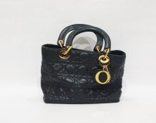 Christian Dior 'Lady Dior' navy blue 'Cannage' quilted lambskin leather handbag with gilt coloured