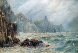 Oil on paper (?) Unattributed Stormy seas with seagulls flying from rocks 20 x 29cms
