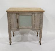 19th century pot cupboard with pine top and painted base with bead moulding, on turned supports to