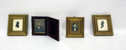 Pair miniature silhouette portraits and 2 portrait miniatures of gentlemen (4)