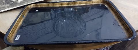 Black japanned and gilt bordered metal tray, rectangular