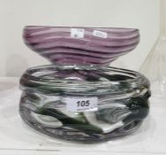Grey and clear studio glass bowl, circular and shaped and an amethyst wavy-line ribbed bowl with