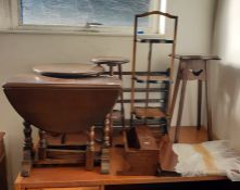 Assorted furniture to include three tier folding cake stand, two tier aspidistra stand, drop leaf