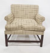 Broad square-back scroll armchair in ochre open weave fabric, on mahogany straight supports, 78cm