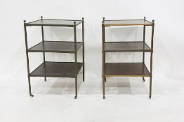 Pair brushed metal and hardwood three-tier etageres, square and on slender castors, 43cm wide (2)