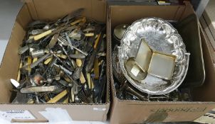 Two boxes of assorted electroplated items to include large quantity of mixed flatware and dishes,