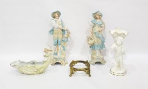 Tall pair tinted bisque figures of a rustic couple, East German Art Nouveau style porcelain receiver