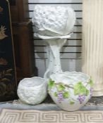 White and gilt decorated jardiniere on stand, the bowl formed as a flower (possibly a hydrangea) and