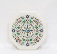 Indian stone inlaid alabaster hexagonal plaque/table top, scroll and stylised floral inlaid with