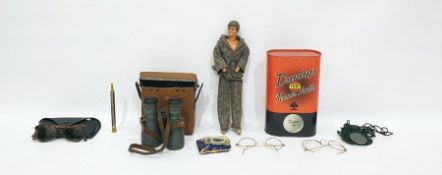 Assorted collectables to include Tennis balls, glasses, binoculars, etc and a action manCondition