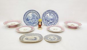 Two Grainger's Worcester low comports and stands, fruit decorated, pink bordered, four various