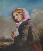 Continental 19th century Oil on canvas Head and shoulders portrait of a young girl, wearing a pink