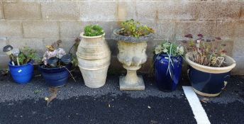 Six assorted garden planters including reconstituted stone urn type and other glazed examples (6)