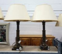 Pair brass table lamps, with turned and moulded columns, square bases