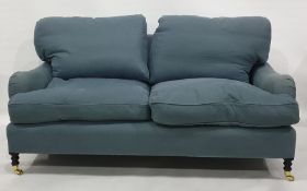 George Smith, Liverpool, blue weave three-seater settee, square-back with loose cushions and on