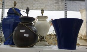 Two various ceramic table lamps and a dark blue Oriental style table lamp with a matching dark