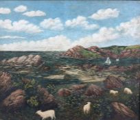 Unattributed Oil on canvas Coastal scene with sailing vessels and sheep in foreground, 34 x 39 cms