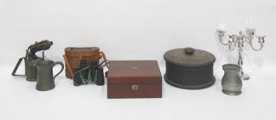 Mahogany writing slope, a vintage blow lamp, two pewter mugs, a pair of cased binoculars, a copper