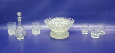 Heavy cut glass fruit bowl with lobed and serrated border, similar smaller dish, set of six cut