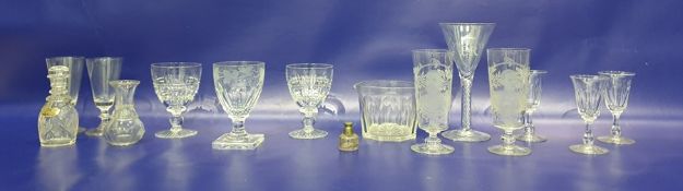 19th century glass rummer with cup-shaped bowl, ovolo panel cut, antique glass wine rinser, set of