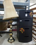 Modern leatherette bow-fronted drawer set and modern brass table lamp and shade