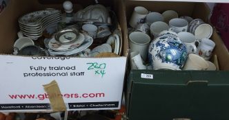 Four boxes of assorted ceramics to include commemorative mugs, a rabbit jelly mould, other plates