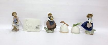 Three Lladro porcelain models of girls with flowers and teddy bear, variously, pair of Lladro tinted