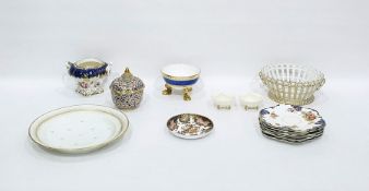 Osier-pattern dishes and two similar plates, pair Belleek style ivory porcelain scallopshell dishes,