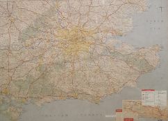 A framed road map of the South East of England 50 x 69 cms