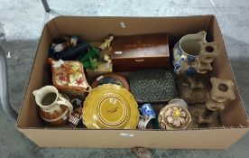 Wade Heath pottery teapot, Victorian stoneware barrel-pattern jug, sundry decorative items, pair