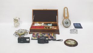 Various barometers, ceramic clock, Olympus camera, Kodak box camera, wooden sewing box inlaid,