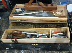 Carpenter's wooden tool chest and contents to include two saws, wooden jack plane, various