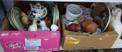 Two boxes of mixed ceramics to include model of a cat, an owl painted plate and an old jelly mould