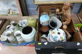 Two boxes of mixed ceramics principally mid-century style including cups, vases, coffee pot and a