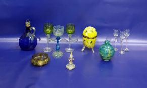 Mottled blue and aqua glass vase, ovoid, 12cm high, set of six pink opaque twist glass liqueurs,