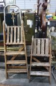 Two wooden decorator's well used step ladders, one is 3-rung with platform height of 76cm and the