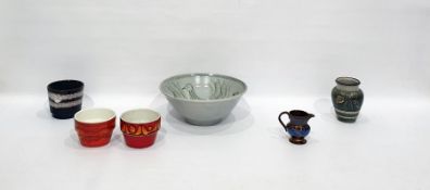 Two Poole pottery small flowerpots 'Delphis' pattern, studio stoneware bowl decorated with birds,