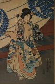 Pair of Japanese woodblock colour prints after Toyokuni, each of a courtesan in embroidered robe, in