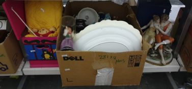 Three boxes of mixed items to include copper fondue pan, moulded ceramic flowers, an oak cased