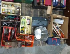 Nine various boxes containing tools and hardware including pliers, wrenches, punches, saws, files