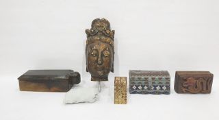 Carved wooden head of an Indonesian-style God, a wooden box with two compartments and swing lid, a
