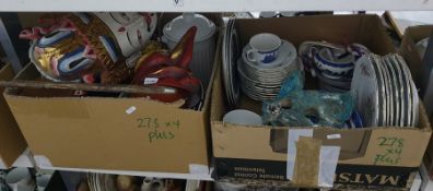 Four boxes of assorted items including moulded champagne flutes, a walking stick, Chinese wall