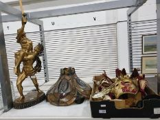One box containing several Venetian style masks etc. together with faux bronze lamp base and tiffany