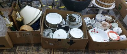 Three boxes of mainly ceramics including part service from Boots the Chemist 'Hanover Green'