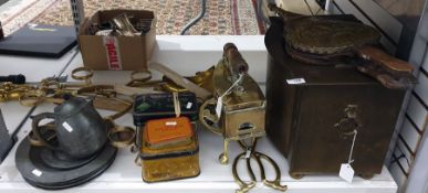 Quantity of brass, pewter and other metal ware to include copper smoothing iron, coal box, companion